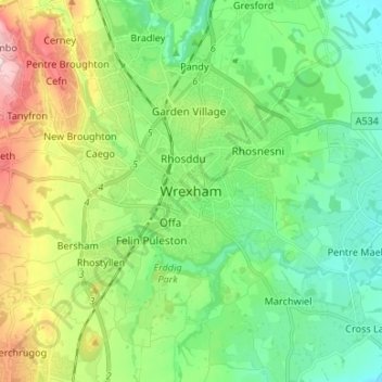 Топографическая карта Wrexham, высота, рельеф