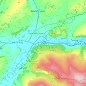 Топографическая карта Corwen, высота, рельеф
