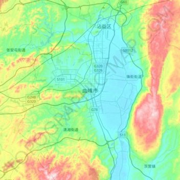 Топографическая карта 曲靖市, высота, рельеф