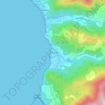 Топографическая карта Plage Caraïbe, высота, рельеф