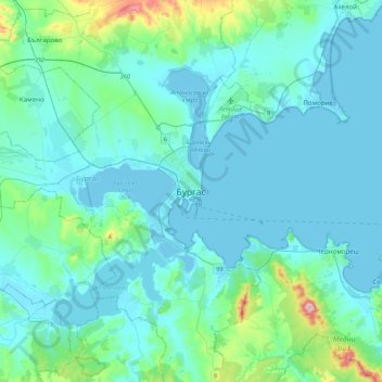Топографическая карта Бургас, высота, рельеф