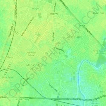 Топографическая карта Mehandi Tola, высота, рельеф