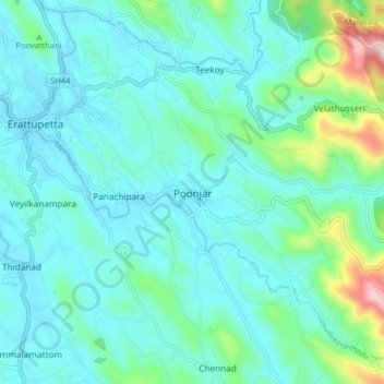 Топографическая карта Poonjar, высота, рельеф