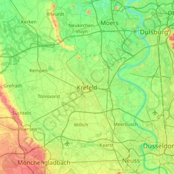 Топографическая карта Krefeld, высота, рельеф