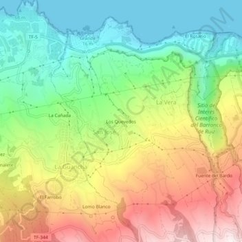 Топографическая карта Los Quevedos, высота, рельеф