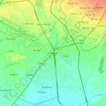 Топографическая карта Zirakpur, высота, рельеф