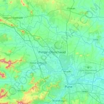 Топографическая карта Pimpri-Chinchwad, высота, рельеф