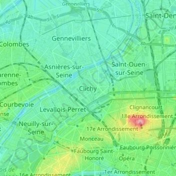 Топографическая карта Clichy-la-Garenne, высота, рельеф