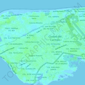 Топографическая карта FRACC. JUSTO SIERRA, высота, рельеф