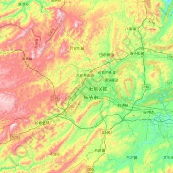 Топографическая карта 毕节市, высота, рельеф