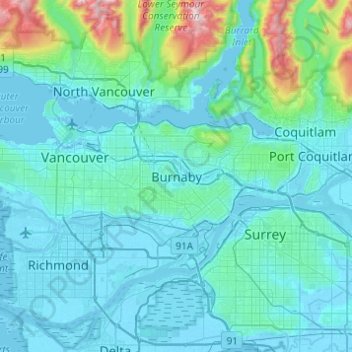 Топографическая карта Burnaby, высота, рельеф