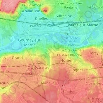 Топографическая карта Champs-sur-Marne, высота, рельеф
