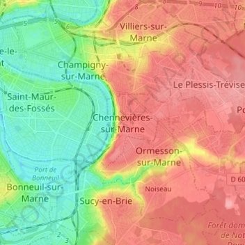 Топографическая карта Chennevières-sur-Marne, высота, рельеф