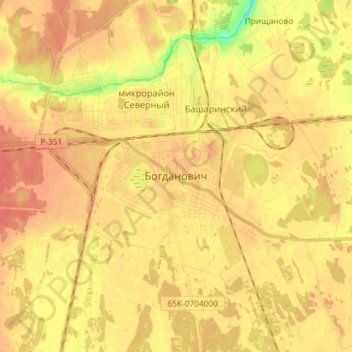 Топографическая карта Богданович, высота, рельеф