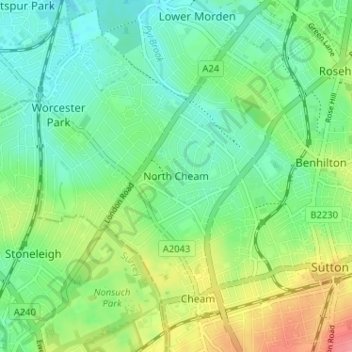Топографическая карта North Cheam, высота, рельеф
