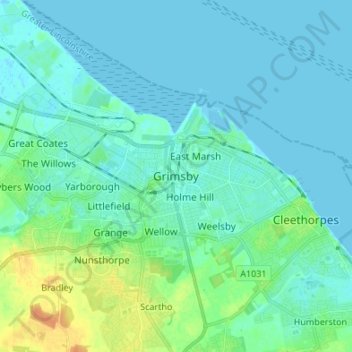 Топографическая карта Grimsby, высота, рельеф