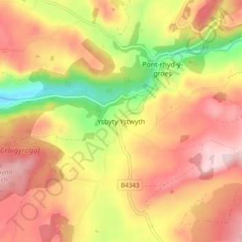 Топографическая карта Ysbyty Ystwyth, высота, рельеф