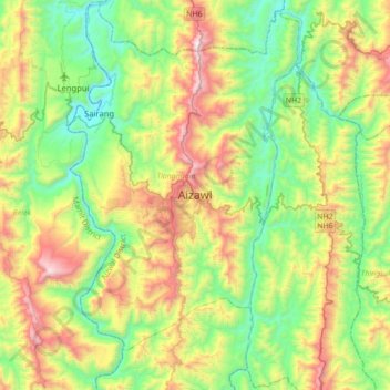 Топографическая карта Aizawl, высота, рельеф