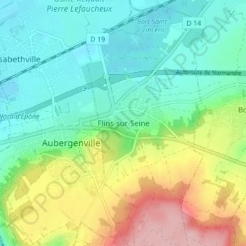 Топографическая карта Flins-sur-Seine, высота, рельеф