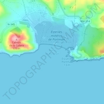 Топографическая карта Bahía de Portmán, высота, рельеф