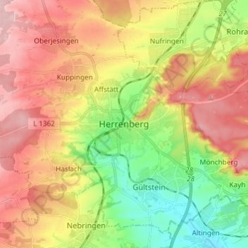 Топографическая карта Herrenberg, высота, рельеф