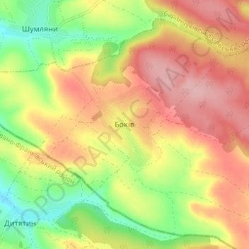 Топографическая карта Боков, высота, рельеф