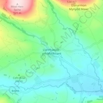 Топографическая карта Llanrhaeadr-ym-Mochnant, высота, рельеф
