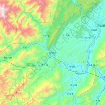 Топографическая карта Tianquan, высота, рельеф