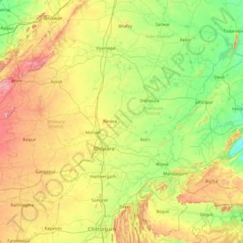Топографическая карта Bhilwara, высота, рельеф