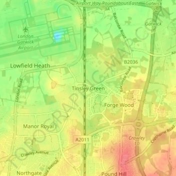 Топографическая карта Tinsley Green, высота, рельеф
