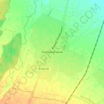 Топографическая карта Тысменичаны, высота, рельеф
