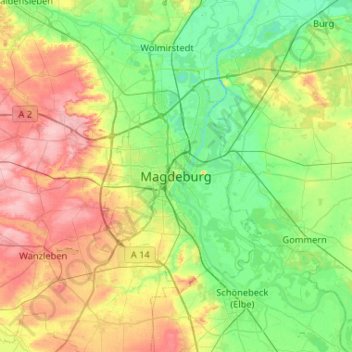 Топографическая карта Magdeburg, высота, рельеф