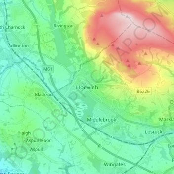 Топографическая карта Horwich, высота, рельеф
