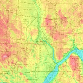Топографическая карта Minneapolis, высота, рельеф