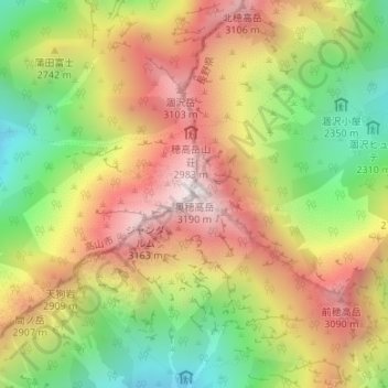 Топографическая карта 奥穂高岳, высота, рельеф