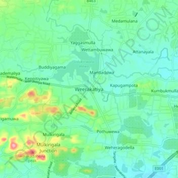 Топографическая карта Weerakatiya, высота, рельеф