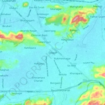 Топографическая карта Dispur, высота, рельеф