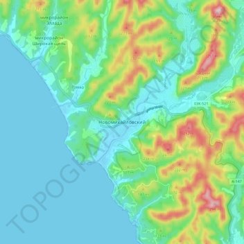 Топографическая карта Новомихайловский, высота, рельеф