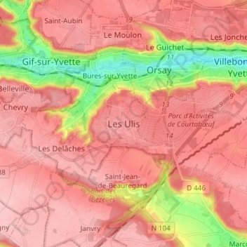 Топографическая карта Les Ulis, высота, рельеф