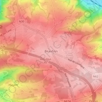 Топографическая карта Beaufays, высота, рельеф
