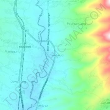 Топографическая карта Cihaurbeuti, высота, рельеф
