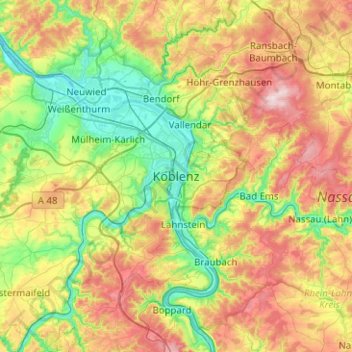 Топографическая карта Koblenz, высота, рельеф