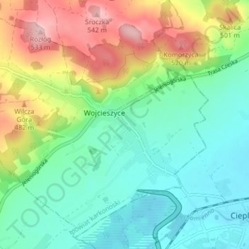 Топографическая карта Wojcieszyce Dolne, высота, рельеф