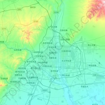 Топографическая карта 大同市, высота, рельеф