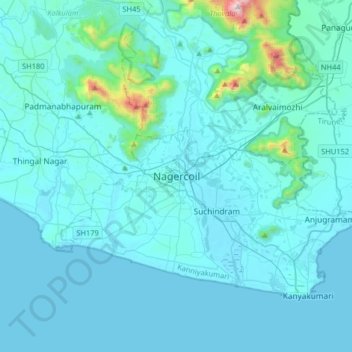 Топографическая карта Nagercoil, высота, рельеф