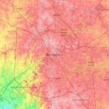 Топографическая карта Bengaluru, высота, рельеф