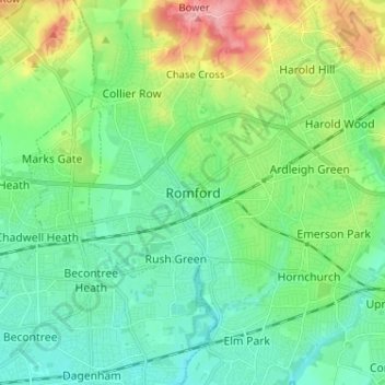 Топографическая карта Romford, высота, рельеф