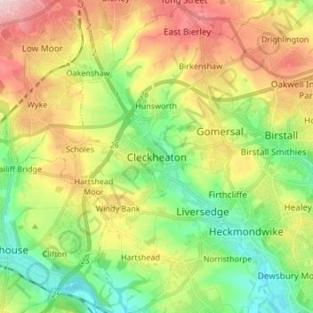 Топографическая карта Cleckheaton, высота, рельеф