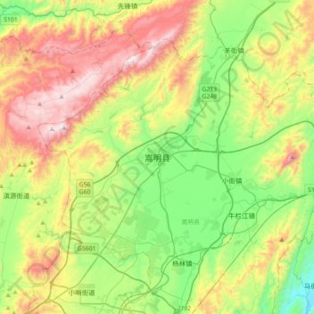 Топографическая карта 嵩明县, высота, рельеф