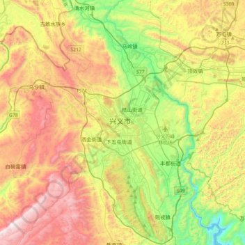 Топографическая карта Xingyi, высота, рельеф